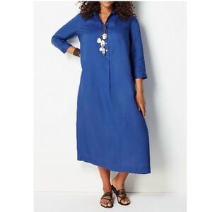 J Jill Love Linen Dress Medium Blue Relaxed Maxi Collared Lagenlook Minimalist